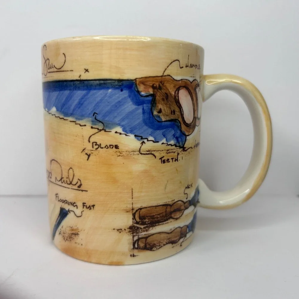 Restoration Hardware Hand Tools Blueprint Coffee Mug Woodworking Sketch Tan Blue